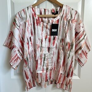 DKNY Womens Blouse sz Small Short Sleeve Smudge Print Mix Media Sheer Satin Crew